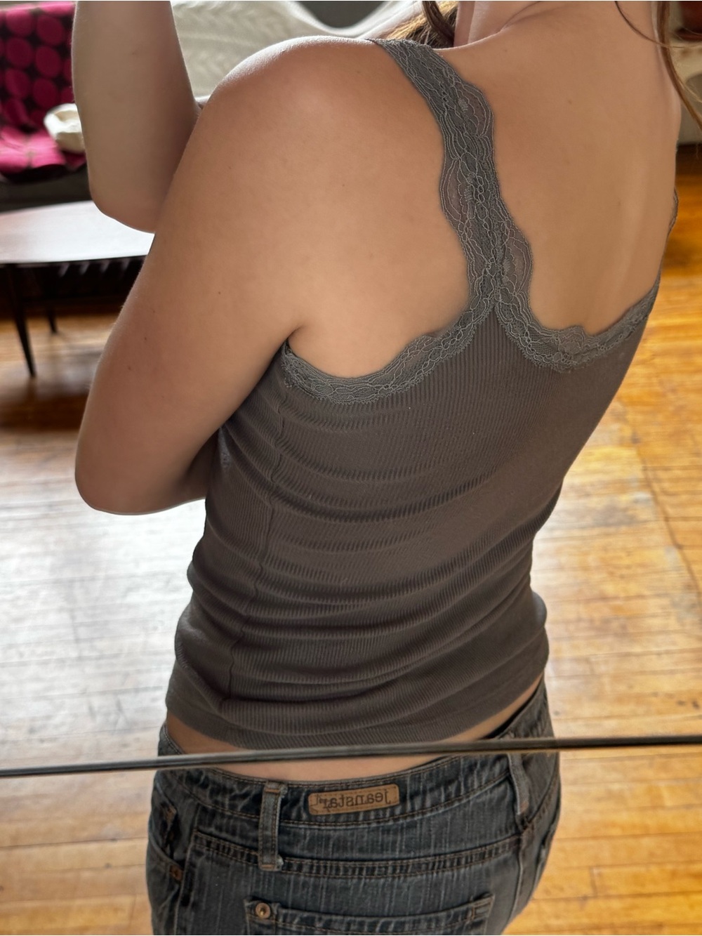 Lace-Trim Ribbed Tank Top - Gray - Picture 5 of 5